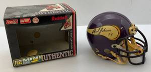 lot 204 image: Vintage Vikings Mini Helmet Autographed By Brad Johnson In Original Box