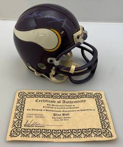 lot 206 image: Vintage Vikings Mini Helmet Autographed By Randall Cunningham With COA