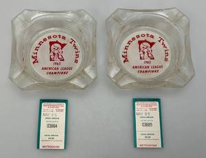 lot 216 image: 1965 Minnesota Twins American League Champions Ash Trays & Metrodome Ticket Stubs