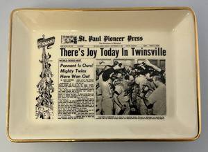 lot 220 image: Very RARE 1965 Minnesota Twins Pioneer Press Ceramic Tray  Theres Joy Today In Twinsville AL Champions 5 14 x 7 38