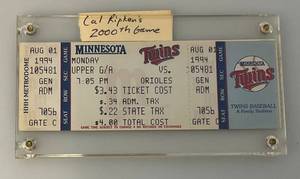 lot 239 image: 1994 Ticket Stubs From Cal Ripkins 2000Th Game In Protective Sleeve
