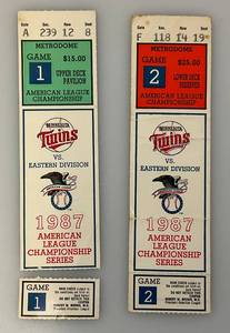 lot 244 image: Twins Ticket Stubs From 1987 American League Championship Series Game 1 & 2 In Protective Sleeve