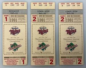 lot 245 image: 1991 Minnesota Twins Ticket Stubs From World Series Game 1 & 2