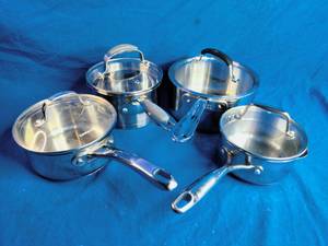 lot 228 image: Four Stainless Steel Pots All-Clad, Cuisinart, Oneida, and More