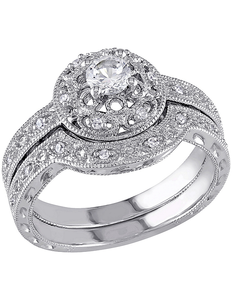 New Sofia B. Sterling Silver 1/10 ct tw Diamond and Lab-Created White Sapphire Vintage-Style Bridal Set