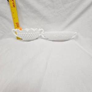 lot 6 image: 2 Milk Glass Oval Handled Dishes