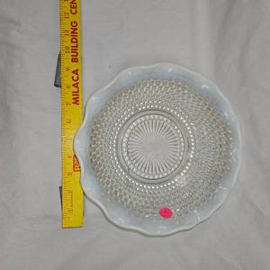 lot 9 image: Vintage Fenton White Art Glass Bowl, Moonstorm Hobnail French Opalescent