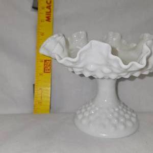 lot 12 image: Fenton Milk Glass Hobnail Candy Pedestal Dish wRuffled White Edge 6