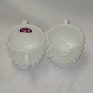 lot 20 image: Fenton Milk Glass Hobnail Tea Service Set, Cream and Open Sugar Bowl