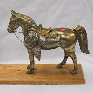 lot 46 image: Vintage Cast Gold Tone 7 tall wReins Horse Statue