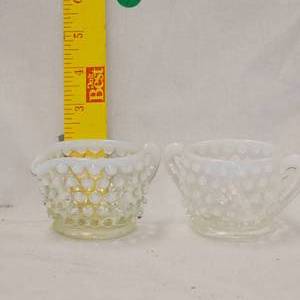 lot 56 image: Vintage Hobknob Clear Glass Sugar Bowl and Creamer wOpalescent WhiteBlue Trim