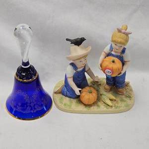 lot 61 image: Denim Days Ceramic Figurine and Bohemian Crystal Bell Cobalt BlueGold