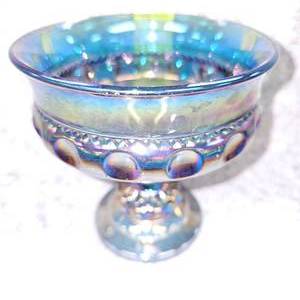 lot 90 image: Vintage Indiana Glas Carnical Glass Kings Crown Thhumbprint Blue Iridescent Compote 5