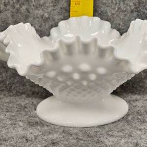 lot 93 image: Fenton Ruffled Crimped Rim Candle Bowl Vase in White Milk Glass