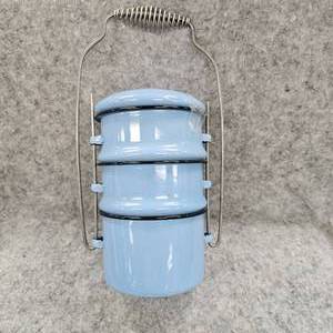lot 97 image: Tiffin Blue Enamel 3 Pail Stackable Lunch Pail from 1940s