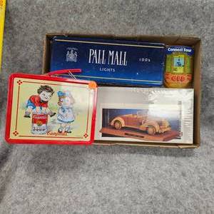 lot 99 image: Candy Serving Center Piece Tray, Campbells Soup Lunch Box, Pall Mall Tin, Wooden 1937 Cord 812 Can, Like New in Wrapper