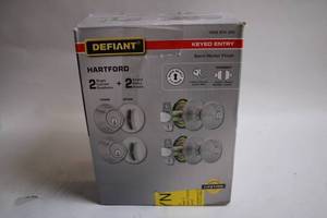 lot 96 image: Set of Defiant Hartford Satin Nickel Keyed Entry Doorknobs and Deadbolts