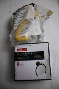 lot 100 image: Delta Chamberlain Towel Ring and Flexible Gas Connector 48-inch