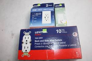 lot 127 image: Leviton Electrical Outlet Bundle - 10 Back and Side Wire Outlets, 2 USB-AC Outlets, and Light Switch
