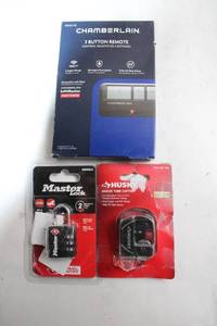 lot 165 image: Chamberlain 3 Button Remote, Master TSA Lock, and Husky Junior Tube Cutter Set