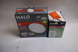 lot 361 image: 6 Halo LED Ultra Thin Downlight and 10-Pack Leviton Decora Nylon Wallplates