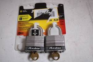 lot 487 image: Pair of Master Lock Stainless Steel Padlocks with Keys