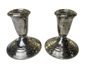 lot 5 image: Pair of 3.5 Crown Sterling Silver Weighted Candlestick Holders (394 grams total weight)