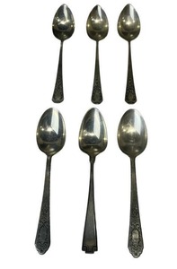 lot 8 image: Six Sterling Silver Spoons - 6 Gorham Pat. 1913 Etruscan, 6 Treasure Pat. 1921, 5.75 Madam Jumel by Whiting (136 grams total weight)