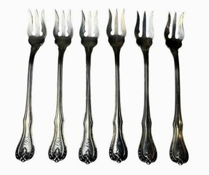 lot 9 image: Six 5.5 Sterling Silver Cocktail Forks with Monogram (96 grams)