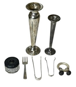 lot 13 image: Assorted Sterling Silver Pieces - International Sterling 7.5 Weighted Reinforced, 6 Lunt Sterling 021 Reinforced Vase, 4.25 Lunt Sugar Tongs, 4 Lunt Fork, 2 Glass Jar with Sterling Lid, and Mother of Pearl with Sterling Baby Rattle