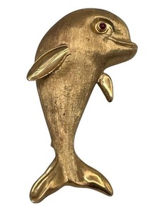Vintage 14K Solid Yellow Gold Ruby Eye Dolphin Brooch Stamped 969/14K/FJG (17.5 grams)