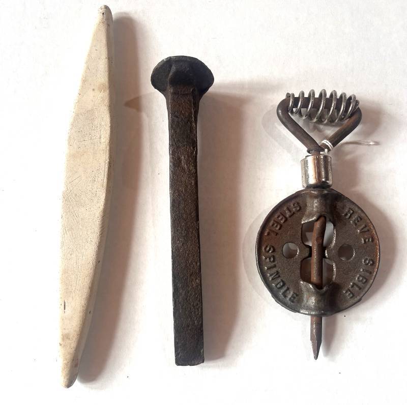 lot 81 image: Cast Iron Stove Damper, Railroad Spike and German Whetstone