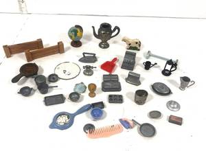 lot 38 image: Box of Vintage Metal and Wood Miniatures