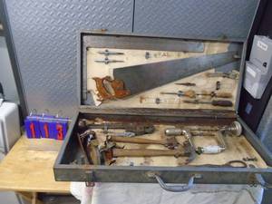 lot 113 image: Vintage metal box with old hand tools. As shown.