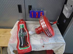 lot 125 image: Coca Cola ceiling fan. Needs some hardware & globe. As shown.