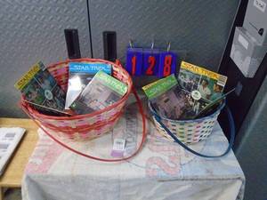 lot 128 image: Qty of 2 Easter baskets with star trek audio records. As shown.