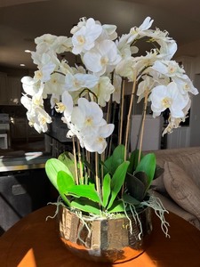 lot 6 image: Elegant Faux White Orchid Arrangement in Decorative Vase