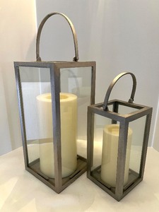 lot 9 image: Pair of Pottery Barn Silver Lanterns with LED Candles