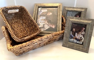 lot 28 image: Collection of Woven Baskets with 3 Assorted Photo Frames