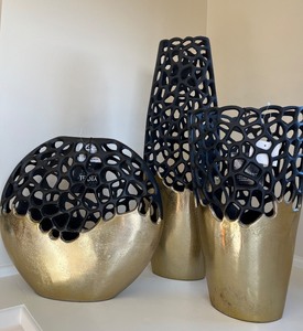 lot 39 image: Set of 3 Modern Gold and Black Vases with Original Tags - Designed in India