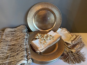 lot 43 image: Decorative Dining Set with 2 Textured Table Runners, Napkins, and Beaded Accessories