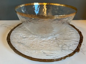 lot 44 image: Crate and Barrel Gold Rimmed Glass Bowl and Platter Set