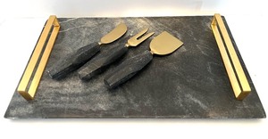 lot 58 image: Marble Cheese Board with Three Gold-Handed Cheese Utensils