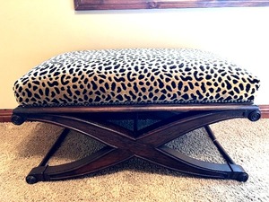 lot 107 image: Leopard Print Fabric Top Ottoman with Wooden Base