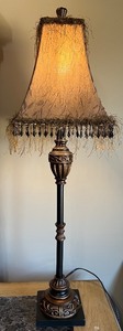 lot 109 image: Antique-Style Table Lamp with Ornate Design and Fringe Lampshade