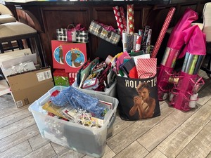 lot 203 image: Extensive Collection of Gift Wrapping Supplies with Bags, Wrapping Paper, and Bows