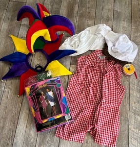 lot 216 image: Colorful Halloween Costume Collection with Jester Hats, Maryann and Gilligan Accessories and Toga Outfit