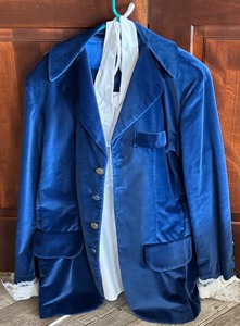 lot 218 image: Vintage Blue Velvet Suit with Lace Dress Shirt - Austin Powers Halloween Costume