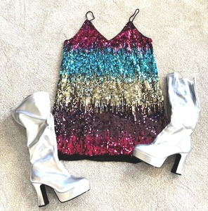 lot 219 image: Halloween Costume Sequin Dress with Silver Knee-High Platform Boots, Size 9