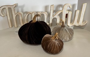 lot 226 image: Set of 3 Velvet Pumpkins with Thankful Sign Decor